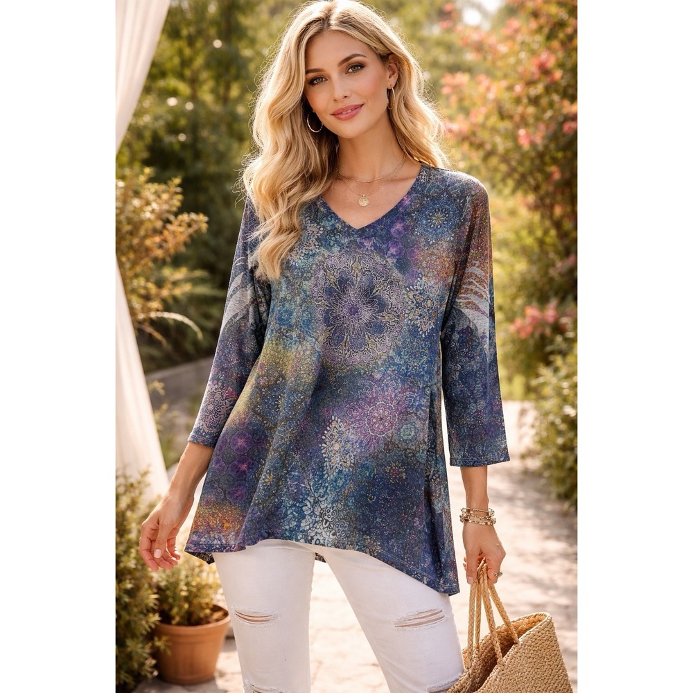 Jess & Jane Womens Sz L Geometric Artsy Top Lagenlook Boho Celestial Tunic